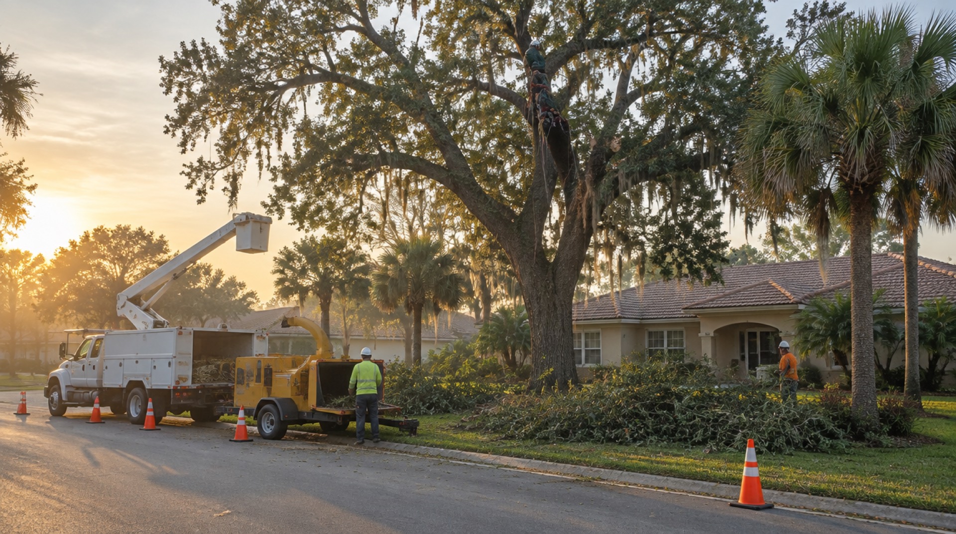 Crew taking down a large oak beside a Florida ranch home at dawn