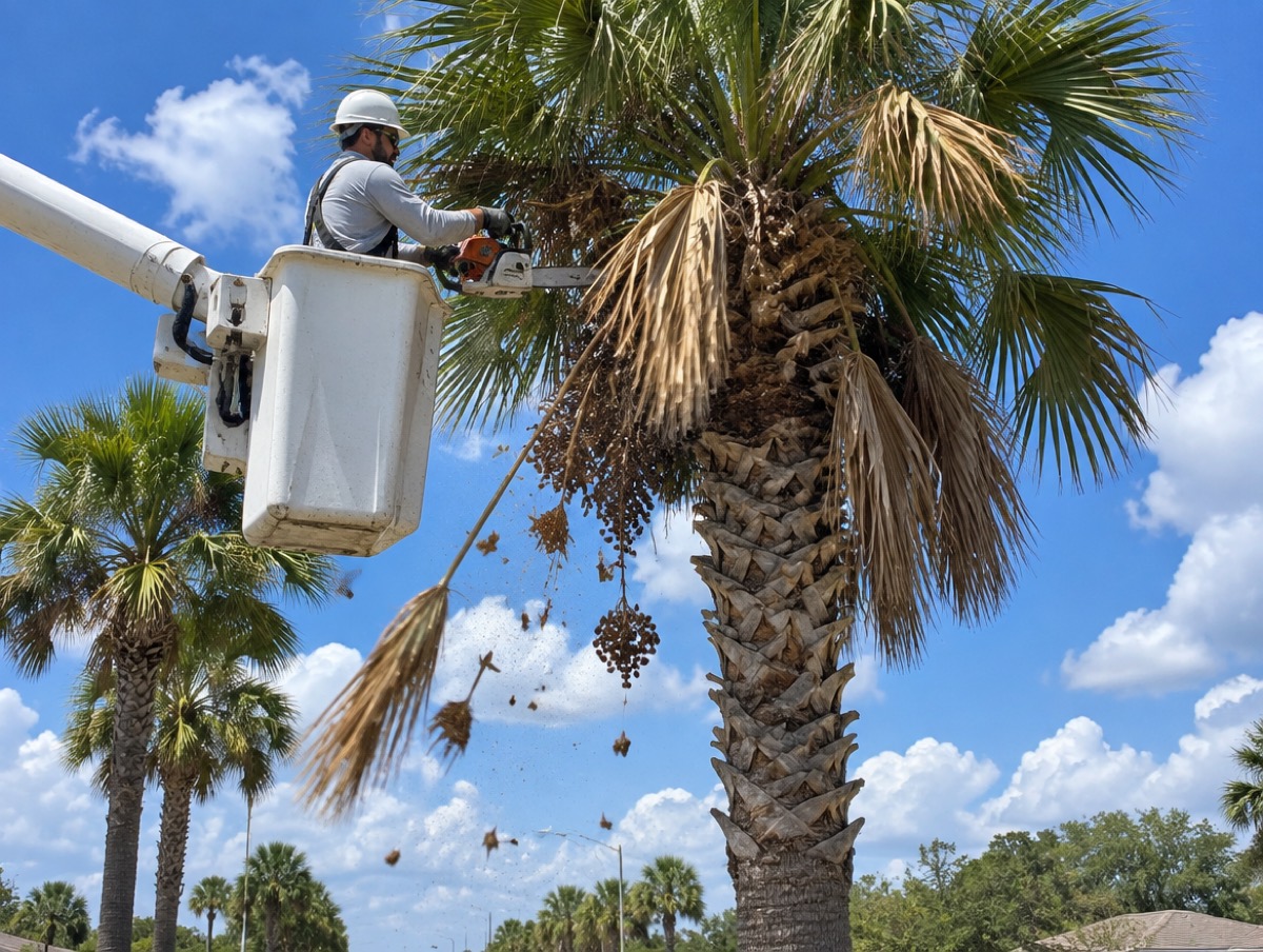 Worker in a bucket lift trimming a sabal palm against a blue sky