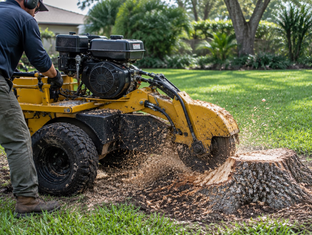 Stump grinder chewing an oak stump down below a lawn