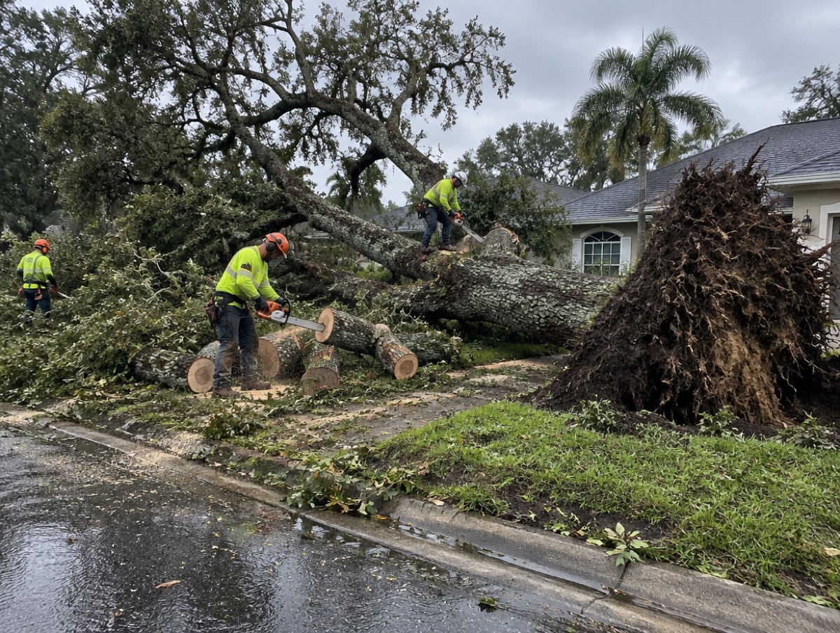 Hurricane-felled oak being cut up and cleared from a yard