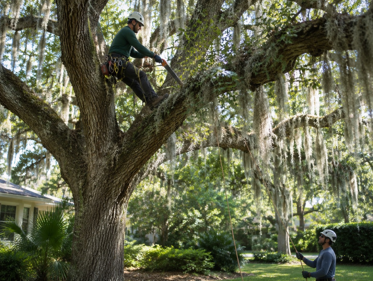 Climber roped into a live oak draped in Spanish moss