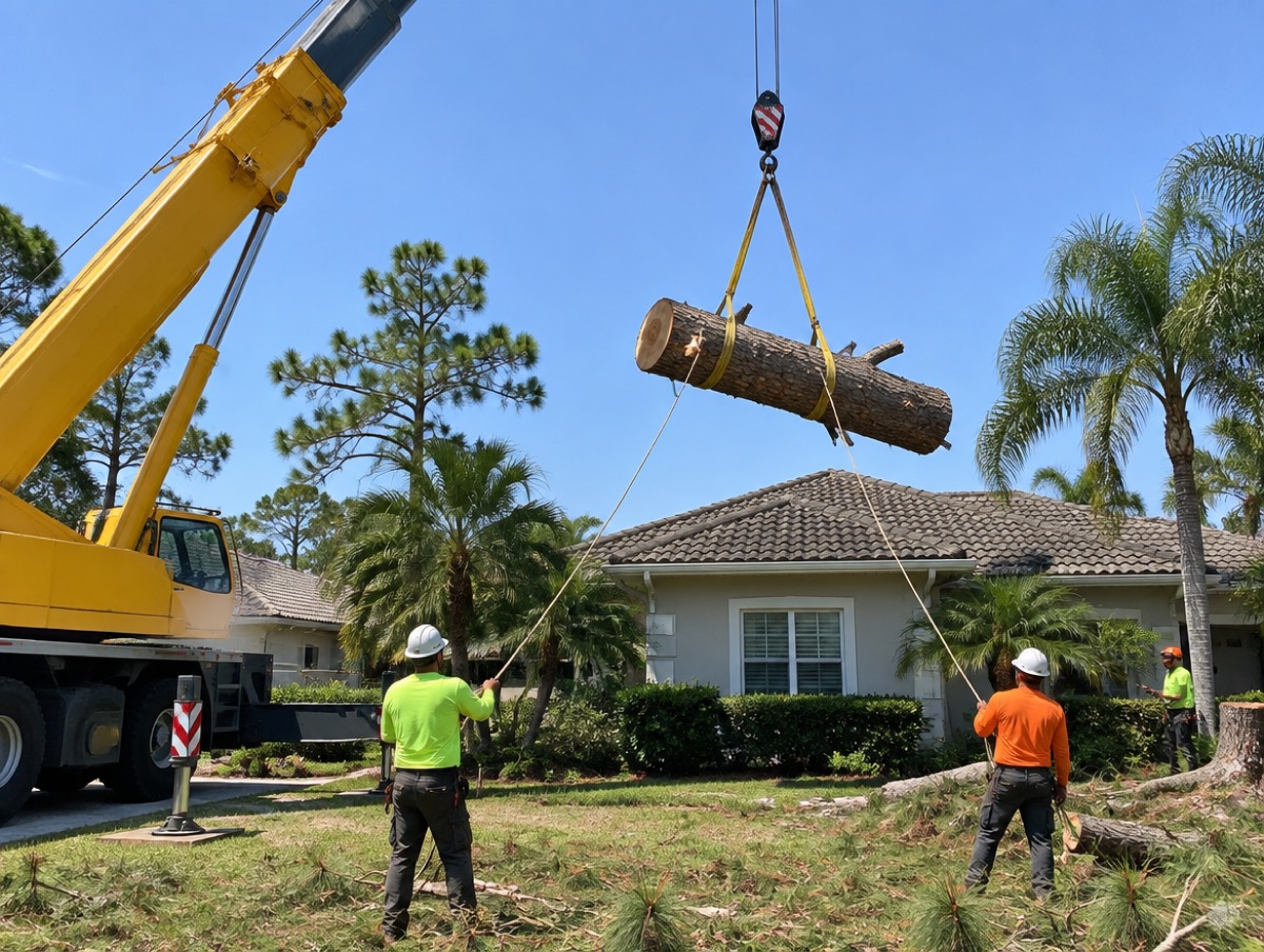 Crane lifting a cut trunk section over a tile-roof house