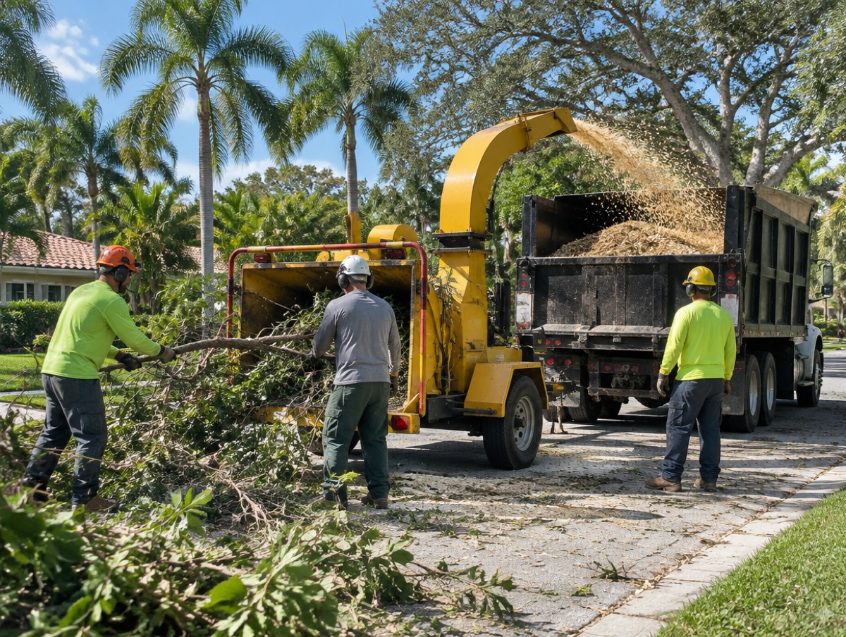 Branches being fed into a chipper beside a dump truck