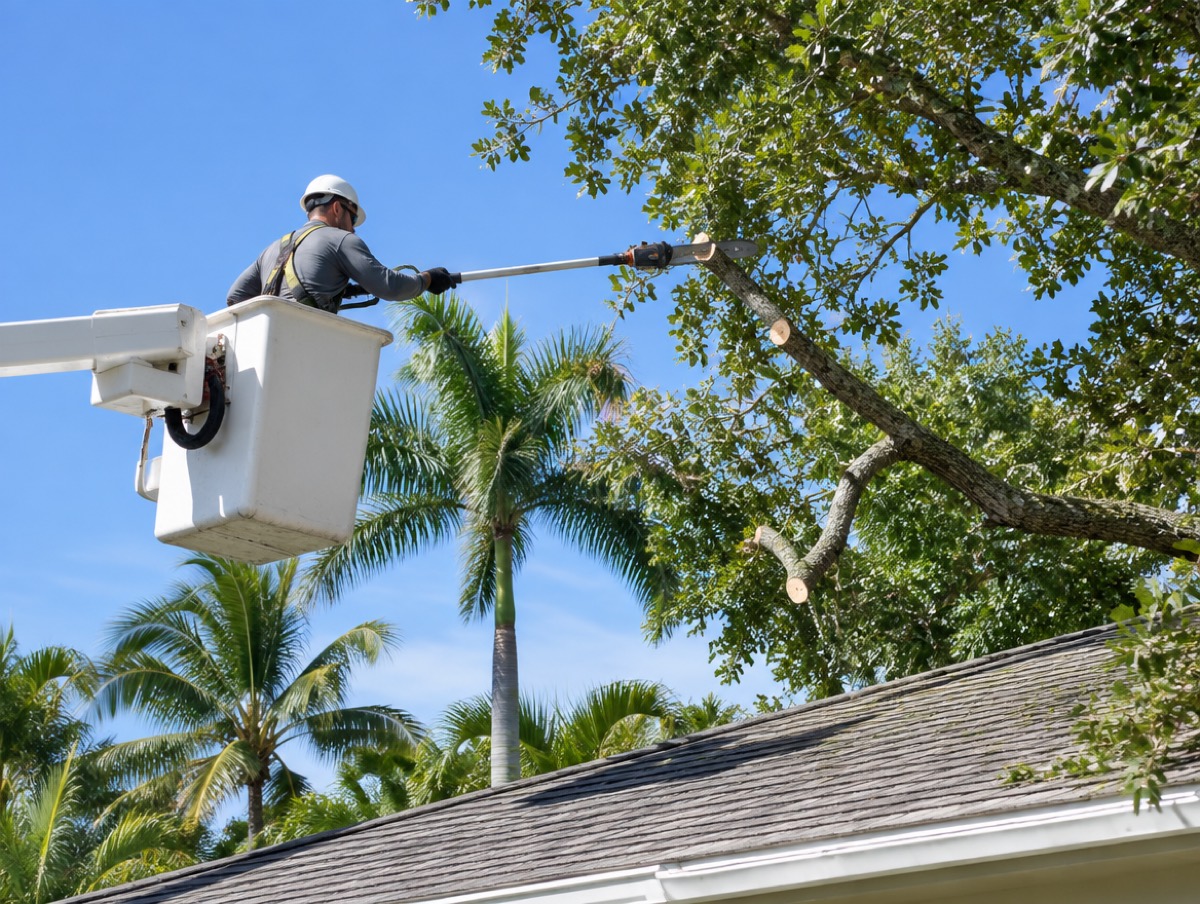 Limbs being trimmed back from over a shingle roof
