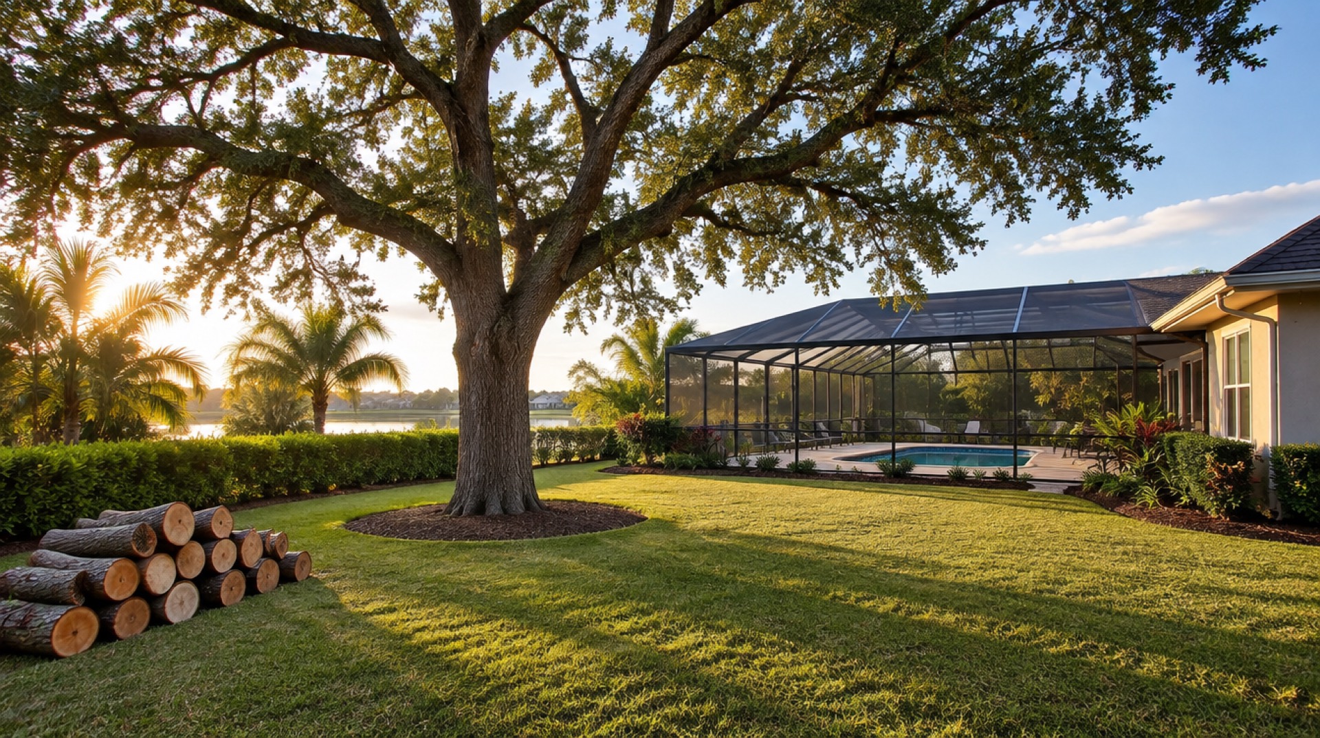 Tidy Florida backyard with pruned trees and fresh mulch