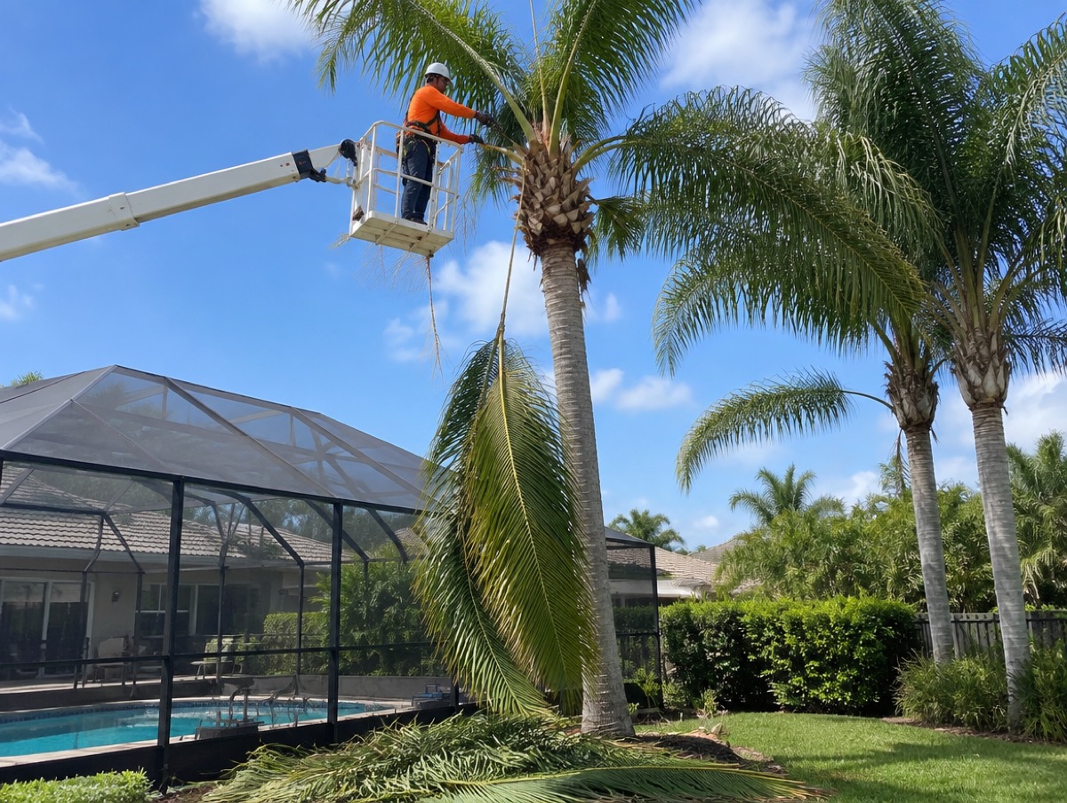 Worker in a bucket lift taking down a tall queen palm beside a screened pool cage
