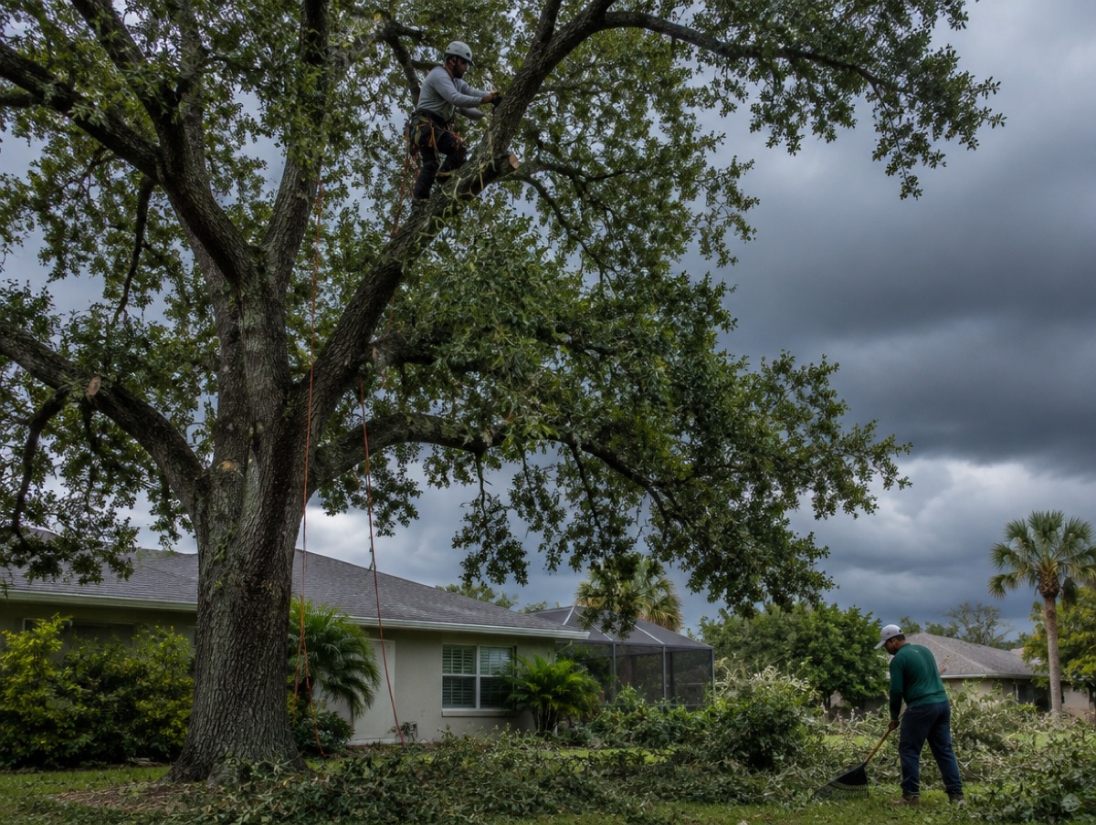 Climber thinning a laurel oak canopy over a house as storm clouds build