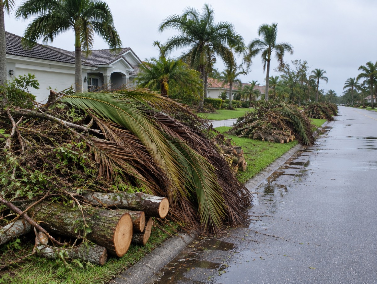 Storm debris piles of branches, palm fronds and cut logs at the curb on a wet street