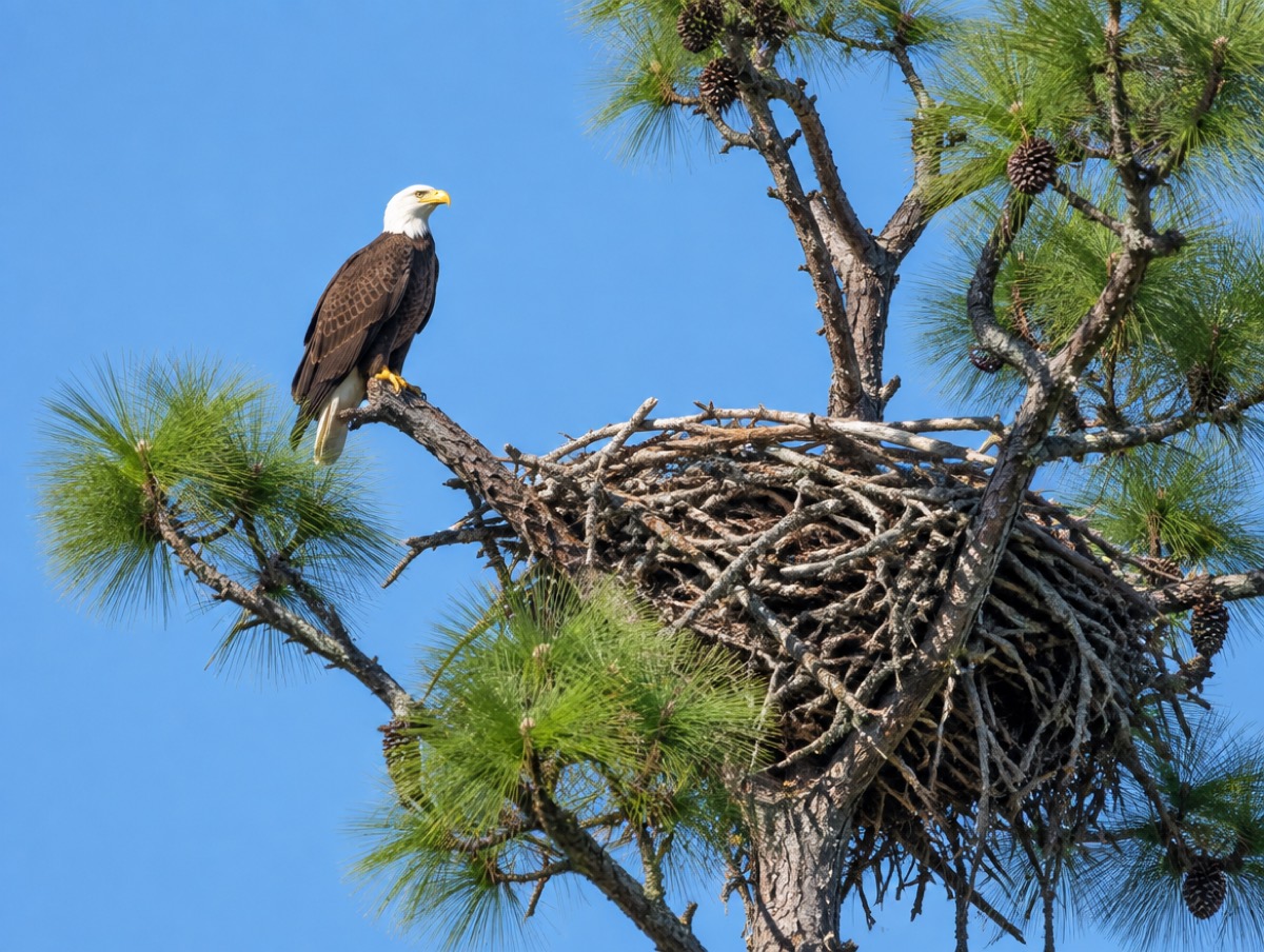 Bald eagle perched beside its stick nest in a tall slash pine