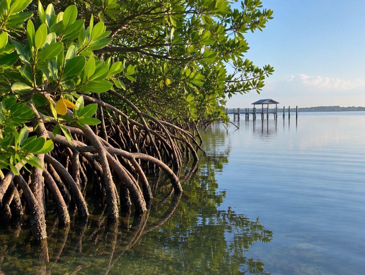 Red mangroves with arching prop roots on the Indian River Lagoon shoreline