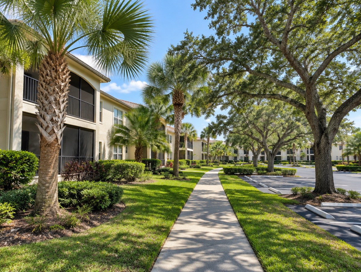 Condo common area with trimmed sabal palms and live oaks along a walkway