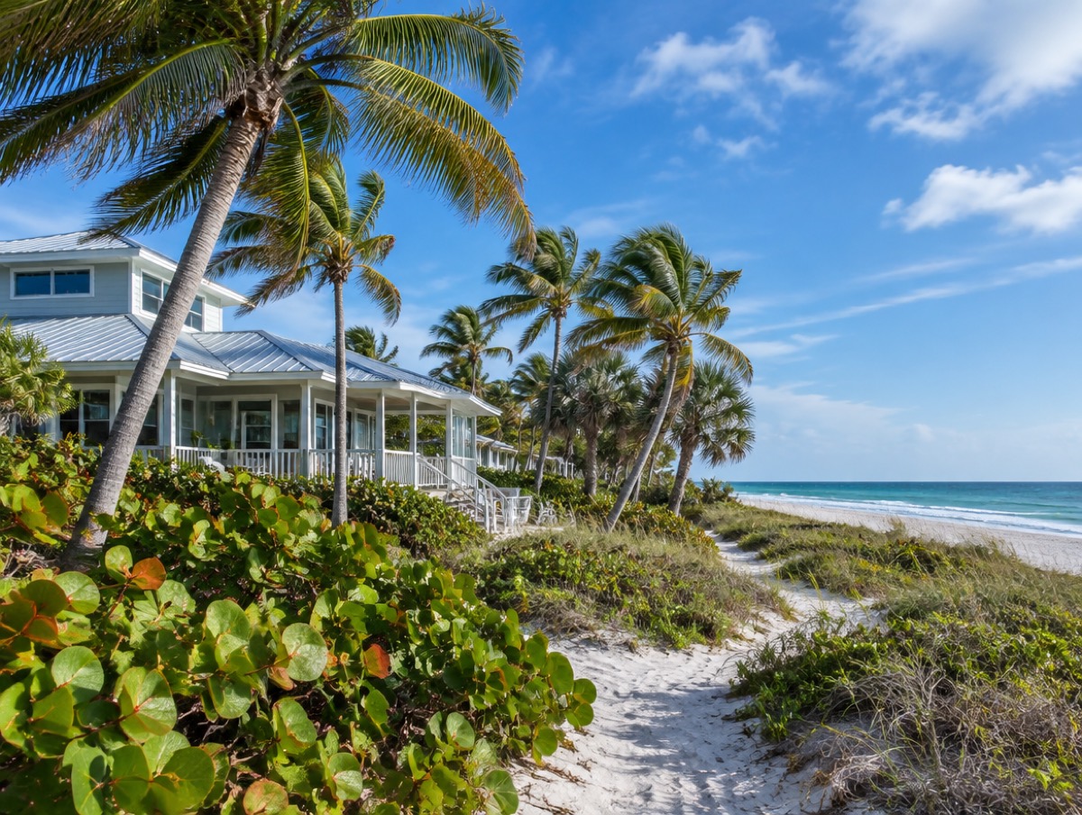 Beachside barrier-island home with sea grape and leaning palms by the dunes
