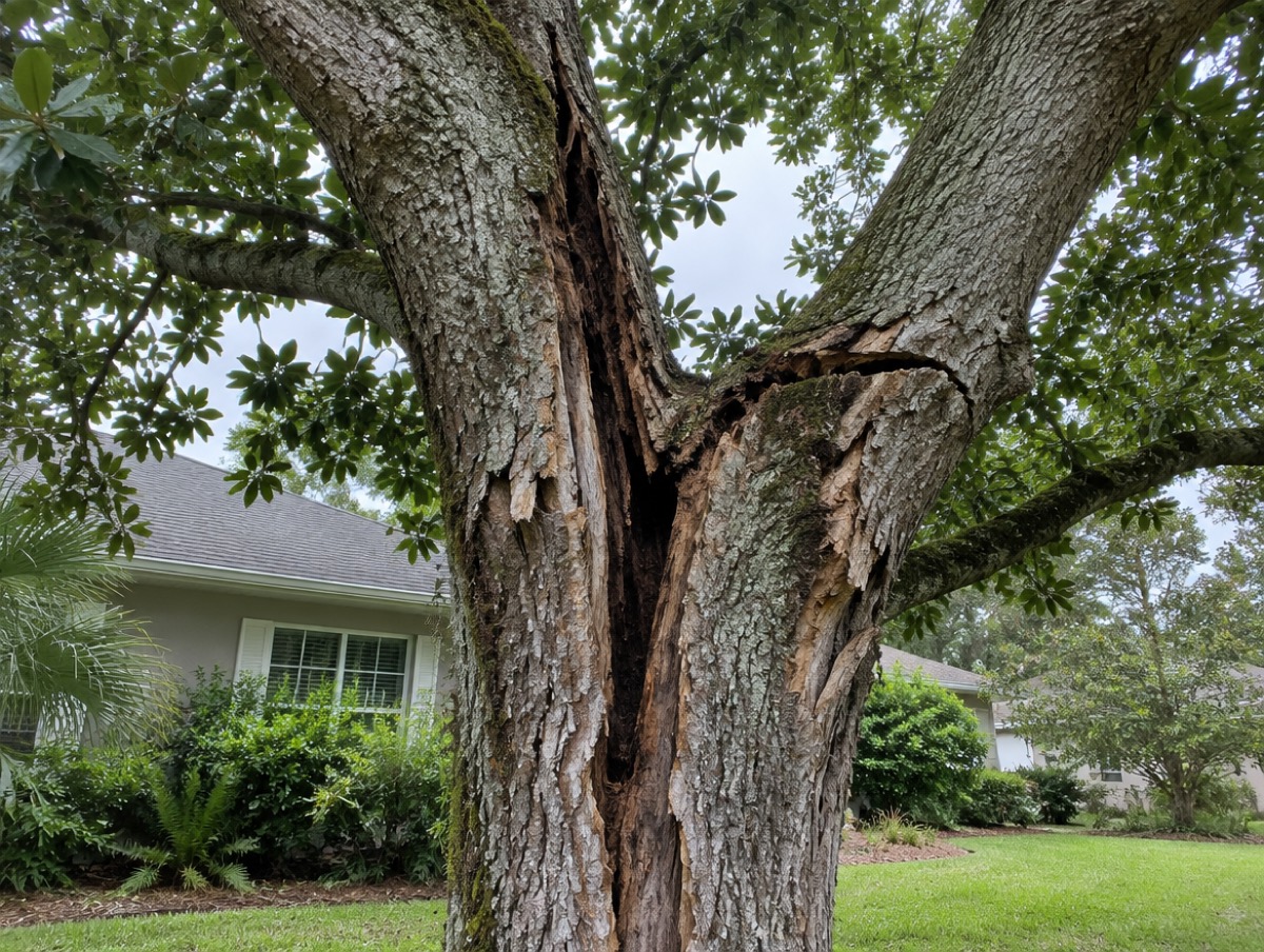 Laurel oak with a long vertical split where two trunks meet