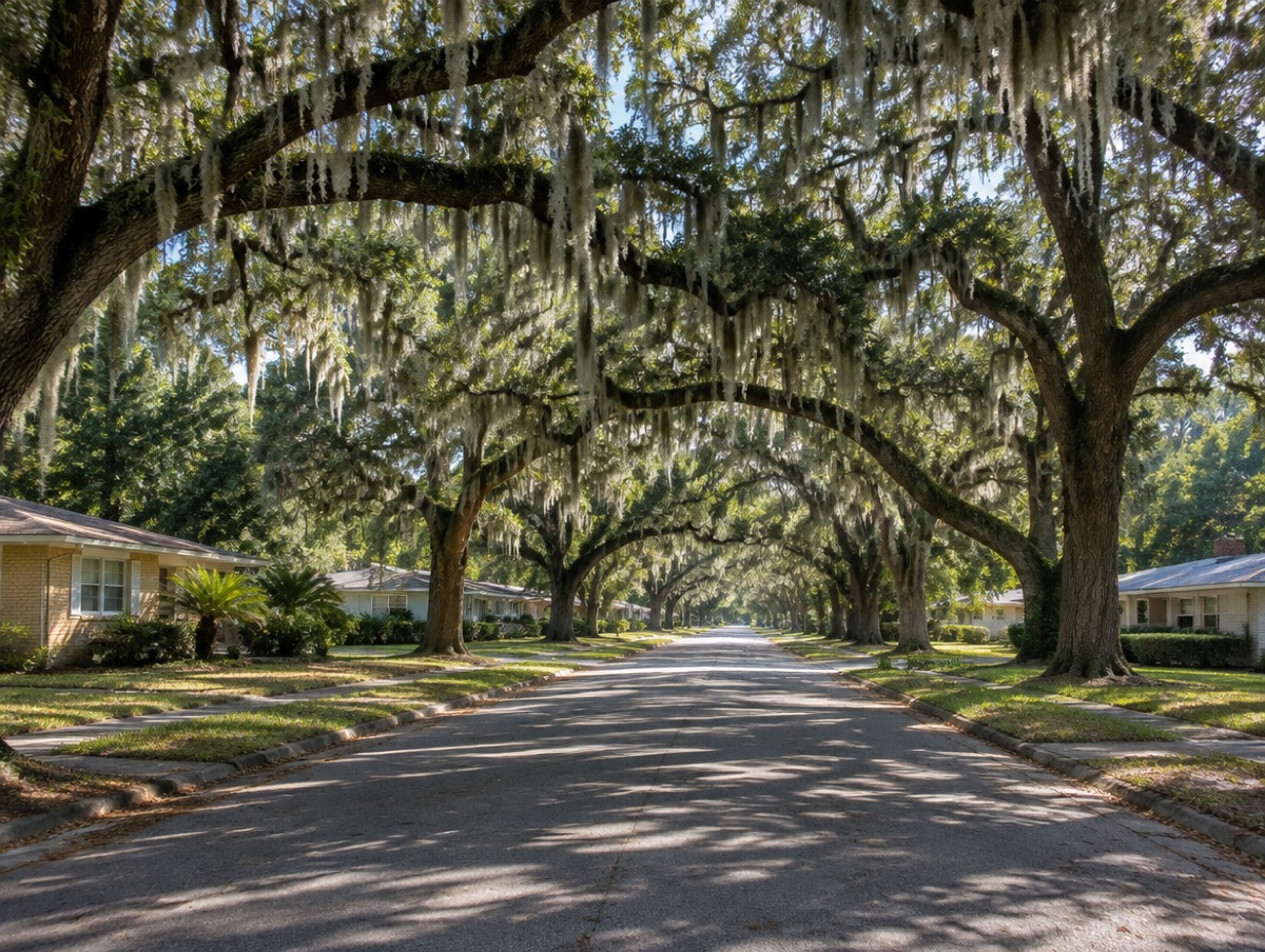 Older neighborhood street under a canopy of live oaks hung with Spanish moss