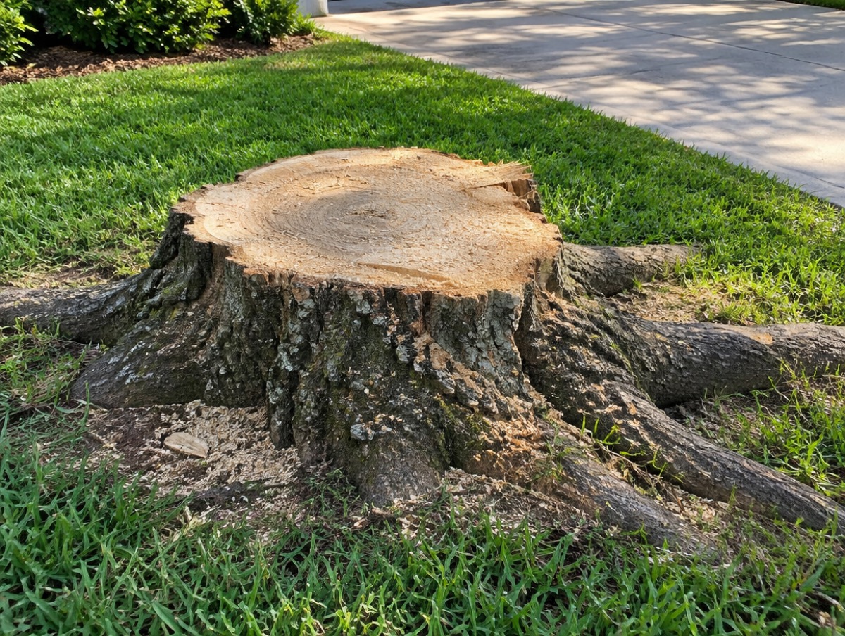Large fresh-cut oak stump with surface roots in a lawn beside a driveway